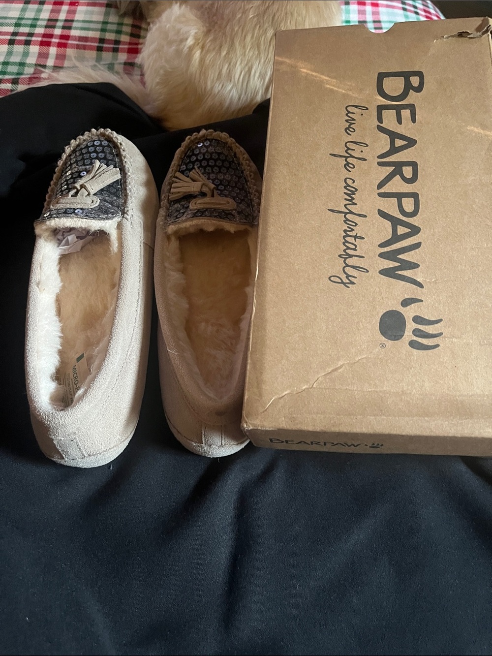 BearPaw Women's Cream Suede Moccasin Slippers with Patterned Trim